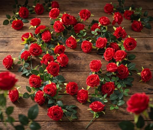 2Pcs 12Ft Bendable Artificial Flower Garland Faux Rose Vine Hanging Floral Garland for Wall Decor Trellis Fence Home Room Garden Wedding Decoration(Red, 2pcs) - color: Red, size: 2pcs