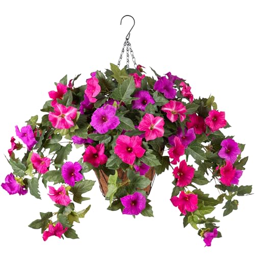 Artificial Petunia Flowers with Hanging Basket for Outdoors, 3 Pcs Fake Hanging Flowers UV Resistant Faux Silk Plants for Garden Porch Yard Patio Realistic Home Spring Decor(Purple Fuchsia) - color: F-fuchsia Basket