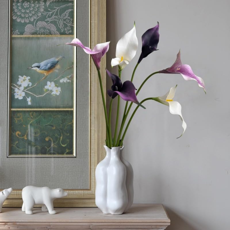 6Pieces Calla Lily Artificial Flowers,Real Touch Latex Flowers,22" Long Stem Artificial Flowers for DIY Wedding Bouquet Party Home Table Centerpieces Decor (White Purple) - color: White Purple