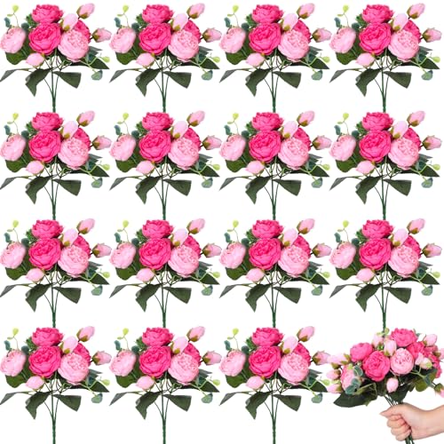 Yunlly 16 Packs Artificial Peony Flowers Faux Peonies Bouquet Silk Vintage Wedding Home Table Door Decor Reusable Bouquet Rose Flowers for Bridal Wedding Birthday Home(Pink,Peony) - color: Pink, size: Peony