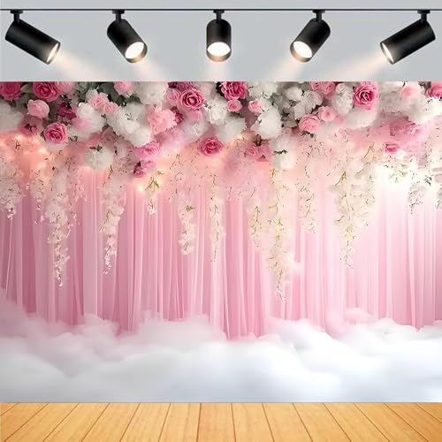 Romantic Pink and White Roses Wisteria Bridal Shower Photo Studio Backdrop Pink Wall Girls Woman Birthday Party Tea Party Baby Shower Anniversary Photography Background (D, 8 * 6feet) - color: D, size: 8*6feet