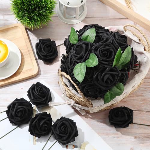 50 Pcs Artificial Foam Rose Flower Faux Bouquet Wedding Fake Rose Gift for Mother's Day Women DIY Bridal Shower Party Table Birthday Home Spring Decor (Black) - color: Black