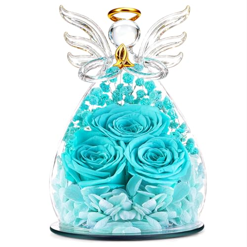 Beferr Gifts for Mom Birthday Gifts for Women, Fresh Flowers for Delivery Forever Preserved Rose in Glass Angel Figurine, Anniversary Christian Real Rose for Grandma Wife Mother from Daughter Son - color: J Tblue