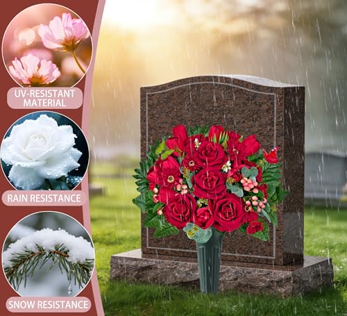Silk Cemetery Flowers for Grave with Vase, Artificial Grave Flower for Cemetery Vase, Memorial Day Flowers for Headstones:Red Rose,Tulip,Look Real,No Fading