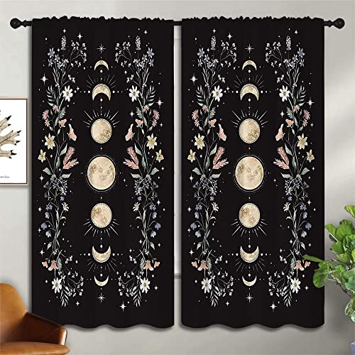 Boho Yellow Floral Wildflower Rod Pocket Blackout Curtains for Bedroom,Moon Phase Moonlit Garden Witchy Gothic Aesthetic Energy Efficient Home Window Drapes for Living Room Noise Reducing,55x63in - color: Boho Yellow Floral Wildflower-006, size: 55"W x 63