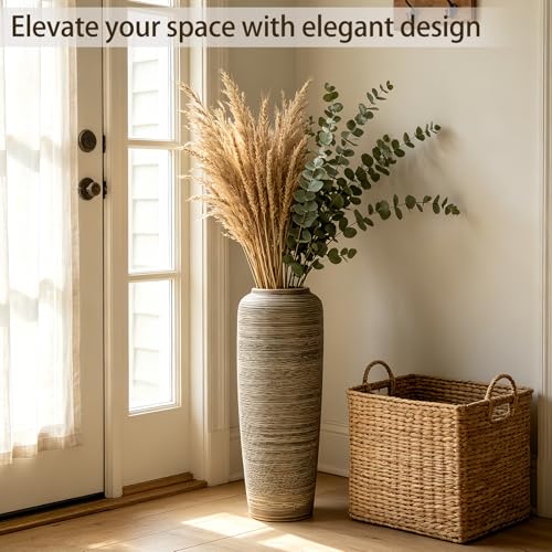 19.7 Inch Rustic Ceramic Large Floor Vase, Ribbed Textured Rustic Farmhouse Vase for Pampas Grass, Living Room & Entryway Décor, Handmade Ceramic Accent - size: 19.7 Inch