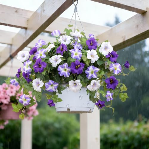 Artificial Flowers for Outdoors,2 PCS Purple Faux Morning Glory UV Resistant Silk Flowers for Outdoor Planters Garden Balcony Porch Decor Realistic Fake Flowers for Spring Decoration - color: Purple, size: 2 Bundles
