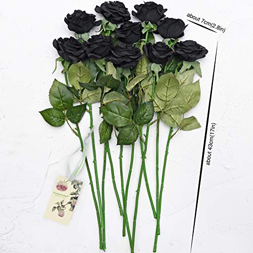 FiveSeasonStuff Fake Black Roses Wedding Flowers Real Touch Silk Artificial Flowers 12 Stems - color: Black
