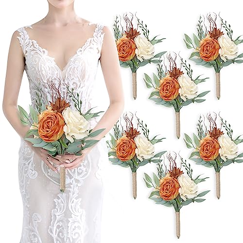 Bridesmaid Bouquets for Wedding - Set of 6 Artificial Flowers Bouquet for Fall Wedding Decoration Marriage Proposal Party Ceremony Anniversary Dining Table Centerpieces - Burnt Orange - color: Orange, size: 6pcs Bouquets