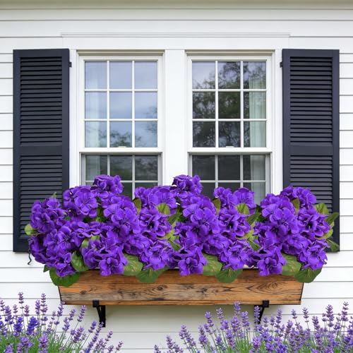 Roberly 6 Pcs Artificial Flowers for Outdoors, Purple Fake Geranium Flowers UV Resistant Realistic Silk Faux Plants for Spring Summer Front Door Yard Window Box Indoor Home Decor - color: Purple