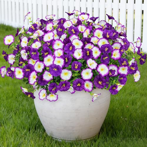 Artificial Flowers for Outdoors, 16 Bundles Mix Color Silk Faux Flowers Morning Glory UV Resistant Eucalyptus Plants Fake Petunias Plants for Porch Garden Planters Window Box Outside Indoor Decor - color: Purple Gradient Purple