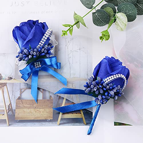 Wrist Corsage Boutonniere Set 6 PCS, Artificial Rose Bridesmaid Bride Corsage and Groom Men Boutonniere for Wedding Party Prom (Boutonniere Corsage- Royal Blue, 6 PCS) - color: Boutonniere Corsage- R Blue, size: 6 Packs