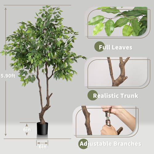 Artificial Ficus Tree 6ft(72in) Faux Floor Potted Tree for Indoor Decor Large Realistic Trees Plants with Silk Leaves and Natural Wood Trunk for Home Living Room,Office Foyer Decor. - color: Ficus Tree, size: 6ft