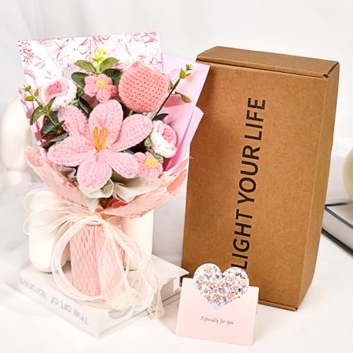 Crochet Flowers Bouquet - Handmade Tulips Roses Daisies Knitted Flowers for Mother's Day Wedding Anniversary Birthday Teacher Appreciation Gifts Home Decor Pink - color: Pink