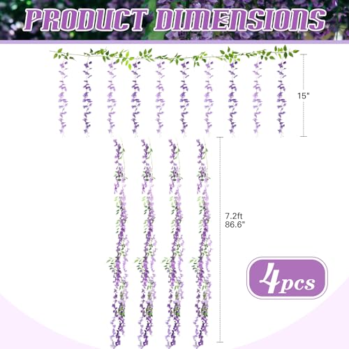 Thiccywoov 4pcs Wisteria Artificial Flowers Garland, 7.2Ft/Piece Wisteria Hanging Flowers Garland for Wedding Arch Decoration Outdoor Ceremony Home Backdrop Garden (Purple,Light Purple) - color: Purple,light Purple