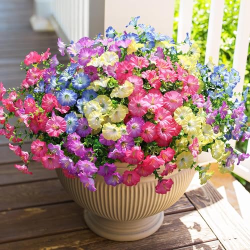 HyeFlora Artificial Flowers for Outdoors Fake Plants Outside Decoration, 12 Bundles Silk Colorful Morning Glory with Eucalyptus UV Resistant Realistic Faux Flowers for Planter Porch Patio Yard Indoor - color: Multi Color(3 Gradient Pink, 3 Gradient Purple