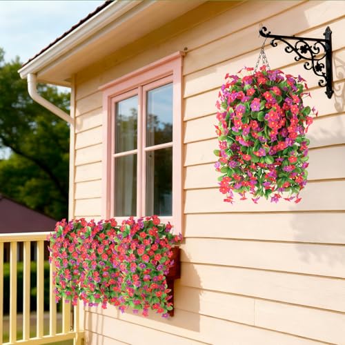Artificial Fake Hanging Flowers for Outdoors, 2 Pcs Artificial Hanging Plants Outdoors Spring Summer Decor, UV Resistant Faux Violet Silk Flowers for Planters Front Door Yard Garden(Pink Rose Red) - color: Pink Rose Red