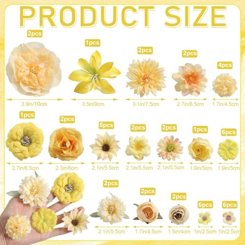 Artificial Flower Heads Combo - 48pcs Yellow Silk Flowers Bulk Faux Rose for Wedding Decor, Bridal Bouquets, Graduation Parties, Cake Toppers & Home DIY Crafts - color: Yellow 1