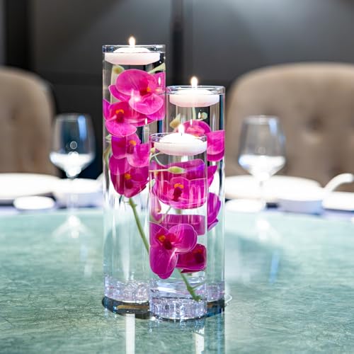 Floating Flower for Table Centerpiece Artificial Light Purple Orchid Glass Cylinder Vase Set with Floating Candles Fake Ice Cubes for Wedding Party Home Bar Restaurant Festival Decoration - color: Purple