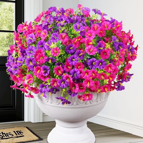 MARTINE MALL 24 Bundles Look Real Artificial Flowers for Outdoors, Realistic Fake Outdoor Flowers, UV Resistant Silk Petunia Flowers for Outside Faux Flowers Plants for Outdoor Porch, Purple+Fuchsia - color: Purple and Fuchsia, size: 24 Bundles
