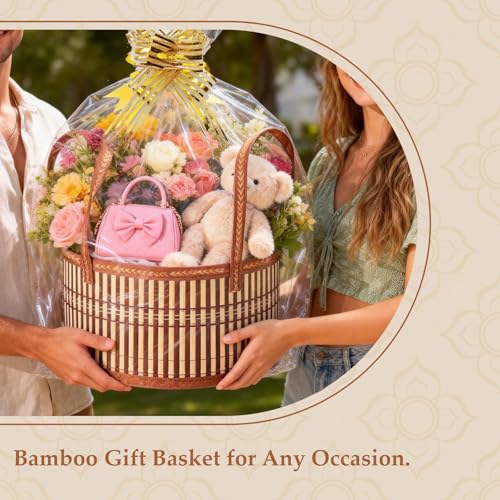 kuchisity 14 Set Baskets for Gifts Empty, Large Woven Bamboo Gift Basket Kit with Handle Wrap Bag Golden Bow for Graduation Party, Wedding, Birthdays, Wrapping
