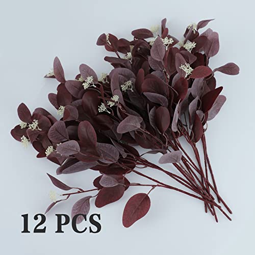 dallisten 20" Silk Artificial Eucalyptus Stems, 12Pcs Fake Eucalyptus Stem with Leaves Berries, Greenery Plants Floral Decorations for Wedding Party Flowers Arrangement Home Decor (Burgundy) - color: Burgundy