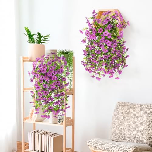 INQCMY 2Pcs Artificial Fake Hanging Flowers for Outdoors UV Resistant Artificial Plants for Spring Summer Decor Look Real Faux Flowers for Outside Home Planter Porch Patio Decor - color: Purple2
