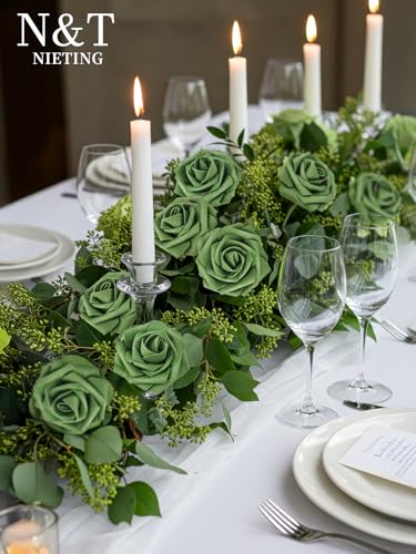 N&T NIETING Artificial Flowers Roses Army Green Foam Rose 50pcs Fake Flowers with Stem for DIY Wedding Bouquets Centerpieces Bridal Baby Shower Party Home Shower Arrangement Decoration - color: Army Green, size: 50pcs