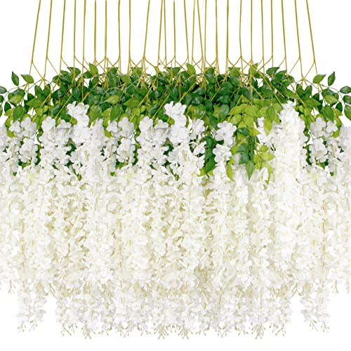 Wisteria Hanging Flowers 24 Pack Artificial Flowers Fake Wisteria Vine Rattan Hanging Garland Silk Flowers String for Party Home Wall Greenery Wedding Decor (White) - color: White, size: 24 PCS
