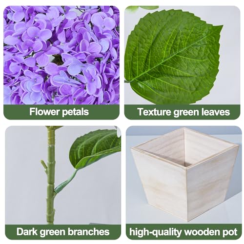 Artificial Hydrangea Flowers Arrangement in Wood Planter, 4PCS Fake Purple Flowers in Wooden Vase Potted Floral Centerpieces for Tables Living Room Home Office Room Shelf Kitchen Decor - color: Light Purple Hydrangea