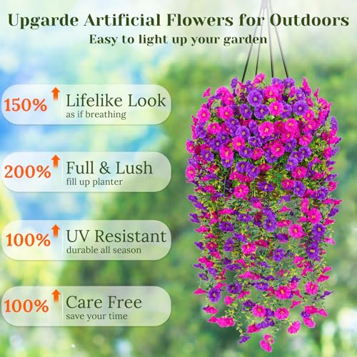 Dolicer 4 Packs Look Real Artificial Flowers for Outdoors, Fake Artificial Hanging Flowers for Outdoors Realistic UV Resistant Hanging Flowers Silk Petunia Faux Flowers for Porch Patio(Purple+Fuchsia) - color: Purple+fuchsia, size: 4 packs