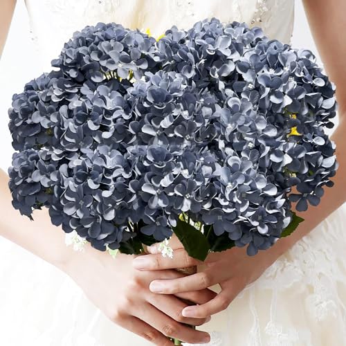 8pcs Blue Hydrangea Artificial Flowers 27.60" Large Realistic Single Long Stem Faux Silk Hydrangeas Bouquets Flower Arrangements Home Office Decor Wedding Centerpieces DIY - color: Blue