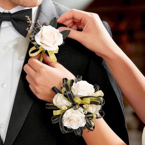 Prom Corsage and Boutonniere Set Champagne,Artificial Silk Rose Wrist Corsage for Homecoming, Formal Dance Party, Wedding,Graduation,Anniversary - color: Champagne