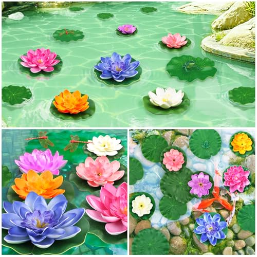 QUOZUO 22 Pack Artificial Floating Foam Lotus Flowers with Artificial Frog Lotus Leaves, Lily Pads for Lake, Pond Plants Ornaments for Pool Water Decoration, Colorful