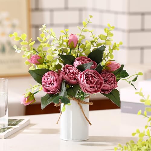 6 Sets Artificial Peonies Flowers, 6 Artificial Peony with Vase 6 Faux Eucalyptus, Faux Silk Peony Bouquet Spring Flowers for Decoration Wedding Party Home Dining (Purple) - color: Purple