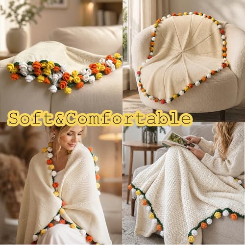 Crochet Flower Bouquet Throw Blanket, Cute Romantic Gift for Her Girlfriend Mom Mother’s Day Valentine Wedding Anniversary Birthday (Yellow, 60 inches) - color: Yellow, size: 60 inches