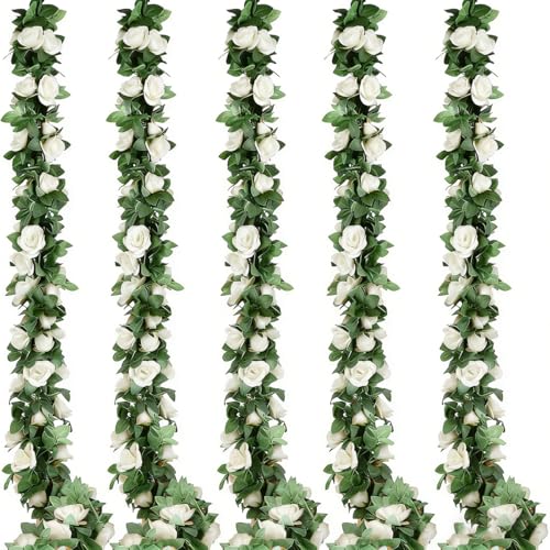 5pack Flower Garland Artificial Fake Rose Garland Vine Artificial Flowers for Decoration Floral Garlands Decor-Total 41 Ft (White) - color: White