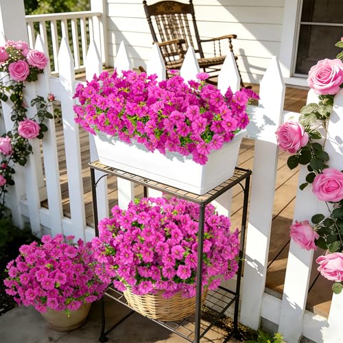 Roberly 12 Bundles Artificial Flowers for Outdoors, Fake Flowers Silk Morning Glory with Eucalyptus UV Resistant Faux Plants for Spring Summer Garden Outside Porch Patio Yard Home Decor, Rose Red - color: Rose Red
