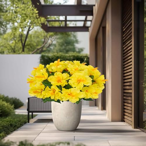 Briful 3 Bundles Artificial Hibiscus Flowers 13in, Short Faux Hibiscus Stems with Full Blooms, Silk Tropical Flowers for Small Vase, Hanging Basket, Centerpiece, Party, Indoor Outdoor Decor, Yellow - color: 3pcs Yellow