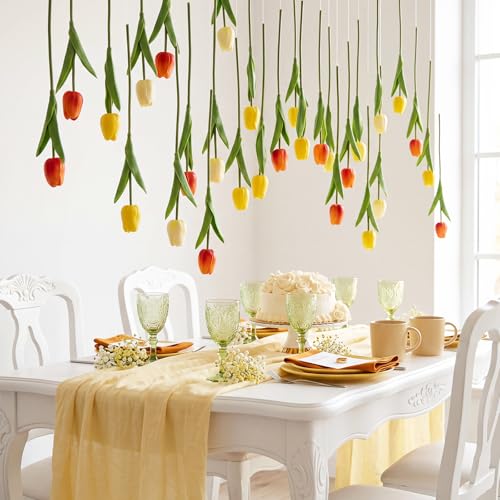 12 Pack Gradient Yellow 5 ft Artificial Tulips Hanging Flower Garland Decorations Spring Summer Dangling Faux Tulip Floral Vine Strings with Hooks for Wall Ceiling Wedding Tea Party - color: Gradient Yellow