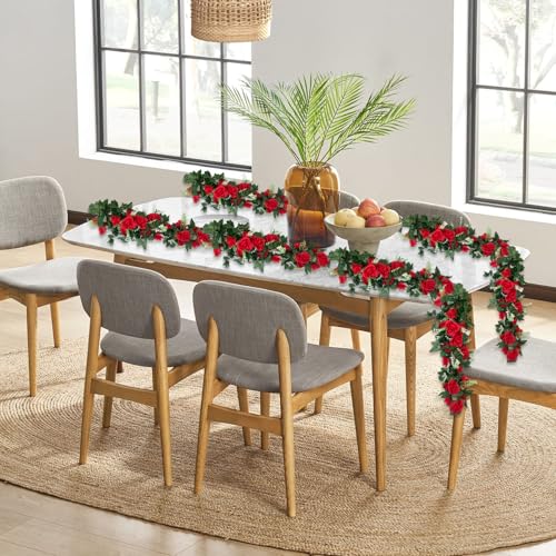 4Pcs 28Ft Red Rose Garland, Fake Flower Vines, Artificial Vine Flowers, Rose Hanging Garland for Party Wedding, Garden, Room Table, Christmas, Backdrop Wall Arch Decor - color: Red, size: 4Pcs 28Ft