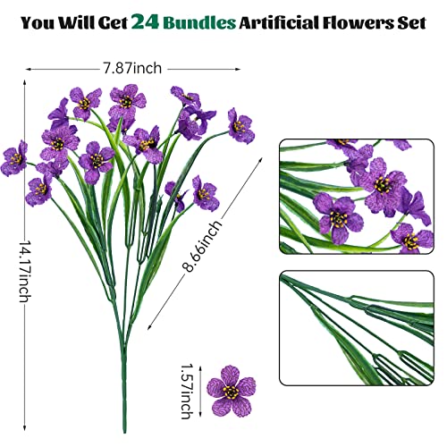 Lnoicy 24 Pcs Artificial Flowers for Outdoor,Plastic Flowers Decoration, UV Resistant Faux Flowers Shrubs, Artificial Plants for Indoor Outside Garden Home Wedding Farmhouse（Purple - color: Purple, size: 24