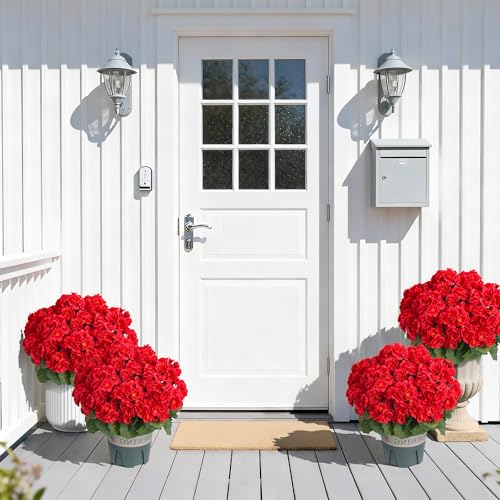 Geraniums Artificial Flowers for Outdoors, 2 Pack Potted Plants Red Faux Geraniums Bush Artificial Topiaries Realistic UV Resistant Fake Flowers Plants for Planters Outside Gardens Front Door Indoor - color: Red