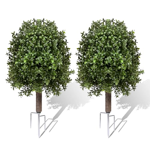 25" Artificial Boxwood Topiary Ball Tree - 2-Pack Realistic Touch Dual-Tone UV-Resistant Outdoor Fake Plant with Triangular Stake & Natural Trunk Texture, Faux Topiary Bush for Garden Porch Decor
