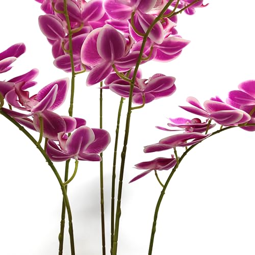 6 Pack Rose red White Edge Orchid Artificial Flowers, 32'' Artificial Fake Faux Silk Orchid Stem Bouquets for Wedding Party Home Garden Decor,Orquideas Artificiales para Decora (not including pot) - color: Rose Red With White Edge