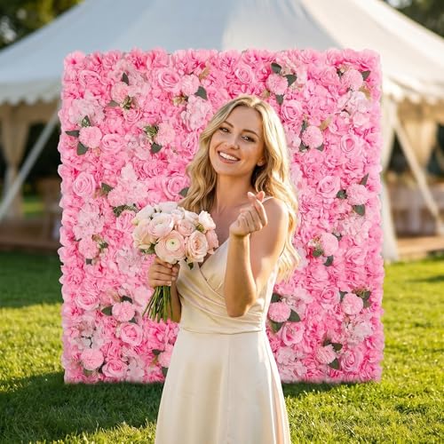 3D Flower Wall Backdrop - 6Pcs 16×24 Inch Artificial Rose Panels Pink Silk Floral Decor for Home Party Wedding Anniversary Birthday Photographic Studio Background & Decorative Fences - color: Pink, size: 6PCS-16x24