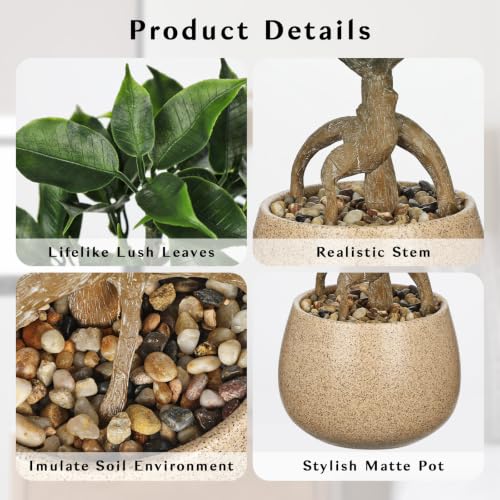 Artificial Bonsai Tree Fake Small Ficus Plant with Ceramic Pot Indoor Plant | 13.7" Faux Plants Indoor Small Artificial Plants in Pots Fake Potted Desk Plant for Bathroom Office Table Shelf Zen Decor - color: Green Ficus&brown Speckled Matte Pot
