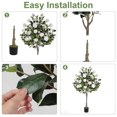 47” Artificial Camellia Tree with Blooming White Flowers, Artificial Tree for Indoor Outdoor, Faux Camellia Tree for Modern Home Office Floor Porch Decor, Free Maintenance - color: White