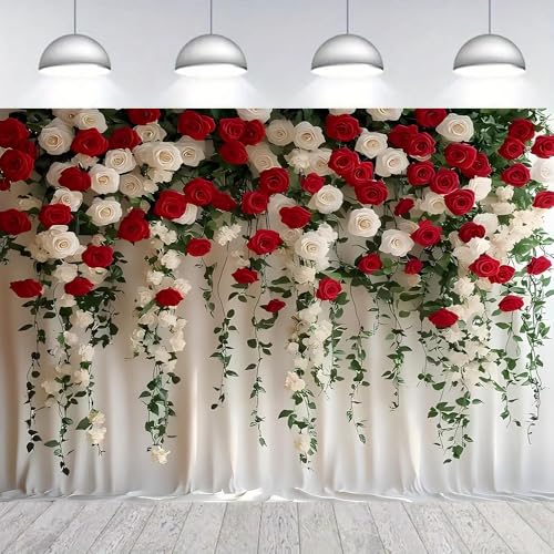 White and Red Rose Floral Theme Backdrops Rose Flowers Vine Leaves Photography Background Bridal Shower Wedding Reception Ceremony Portrait Photo Background(B, 9 * 6feet) - color: B, size: 9*6feet
