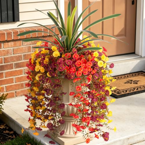 8 PCS Fall Artificial Morning Glory Flowers for Outdoors+Ochid Fake plants | UV Resistant Weatherproof for Indoor Outdoor Garden Patio Window Box Home Decor - color: Orange Brown Yellow Yellow-edged Leaf